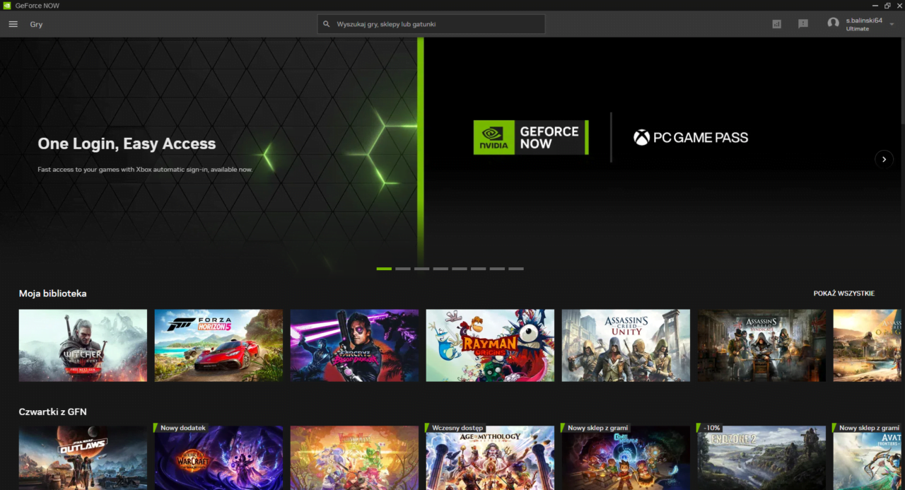 GeForce NOW - strona główna aplikacji z wyświetlonymi grami takimi jak Wiedźmin 3, Forza Horizon 5, Rayman Origins, Assasin's Creed Unity i innymi.