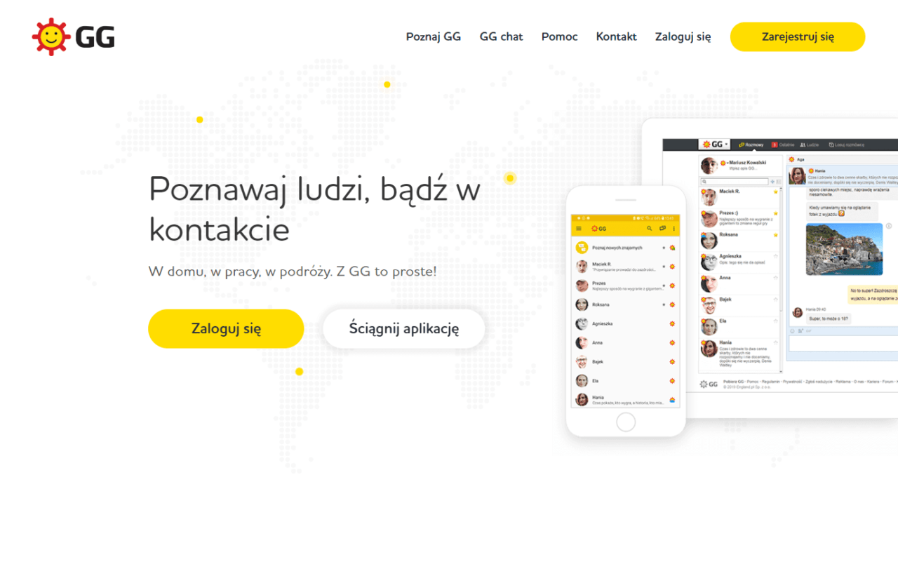 Poznaj logo i interfejs użytkownika komunikatora internetowego GG z przyciskiem "Zaloguj się" i "Ściągnij aplikację".