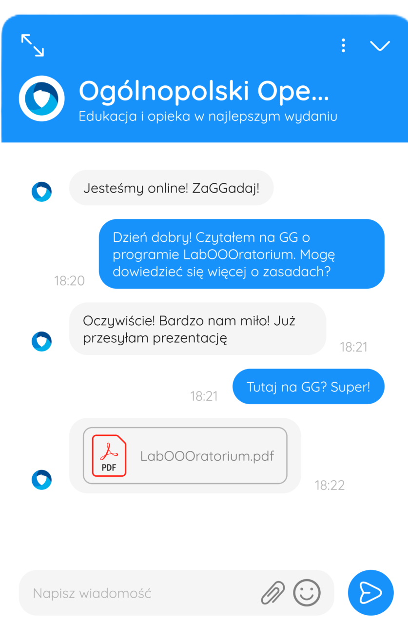 Czat GG Ogólnopolskiego Operatora Oświaty, pytanie o program LabOOOratorium, odpowiedź z plikiem PDF "LabOOOratorium.pdf".