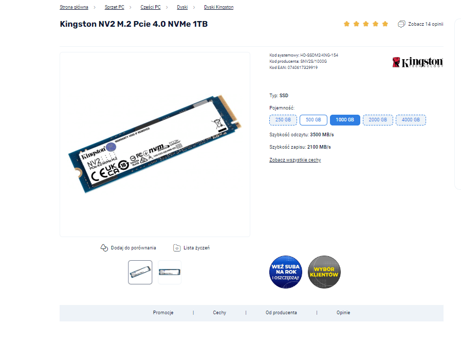 Kingston NV2 M.2 Pcie 4.0 NVMe 1TB SSD na stronie internetowej, z informacjami o pojemnościach i szybkościach.