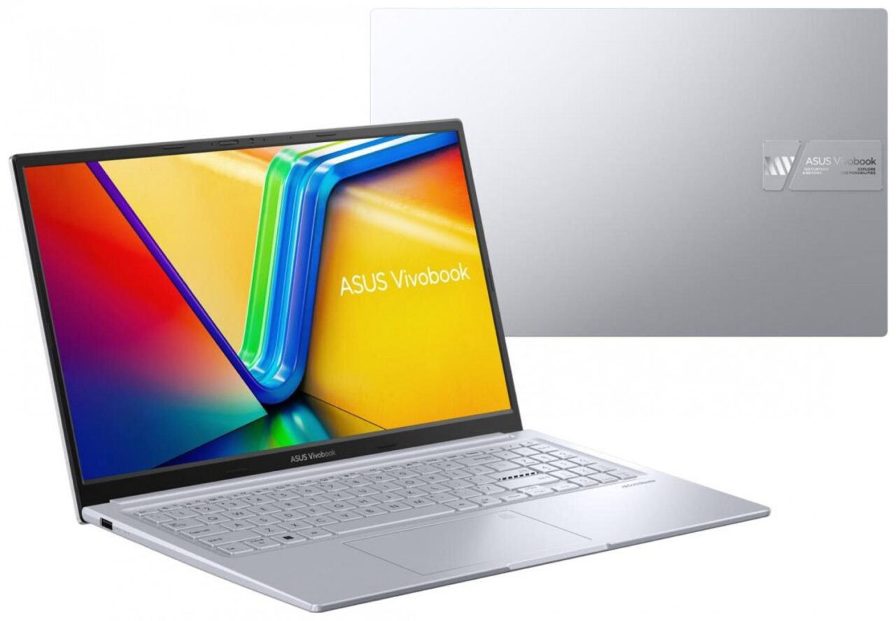 Laptop ASUS Vivobook z kolorowym wyświetlaczem i srebrną obudową.