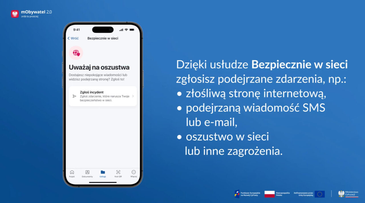 Aplikacja mObywatel 2.0 na smartfonie pokazująca możliwość zgłaszania cyberprzestępstw oraz informacja o usłudze "Bezpiecznie w sieci".