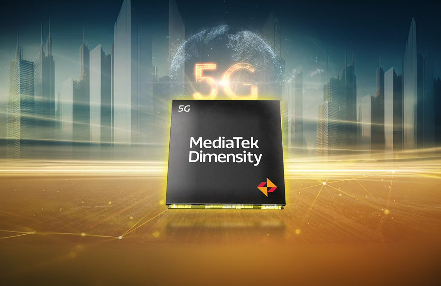 MediaTek Dimensity 5G chip z futurystycznymi budynkami w tle