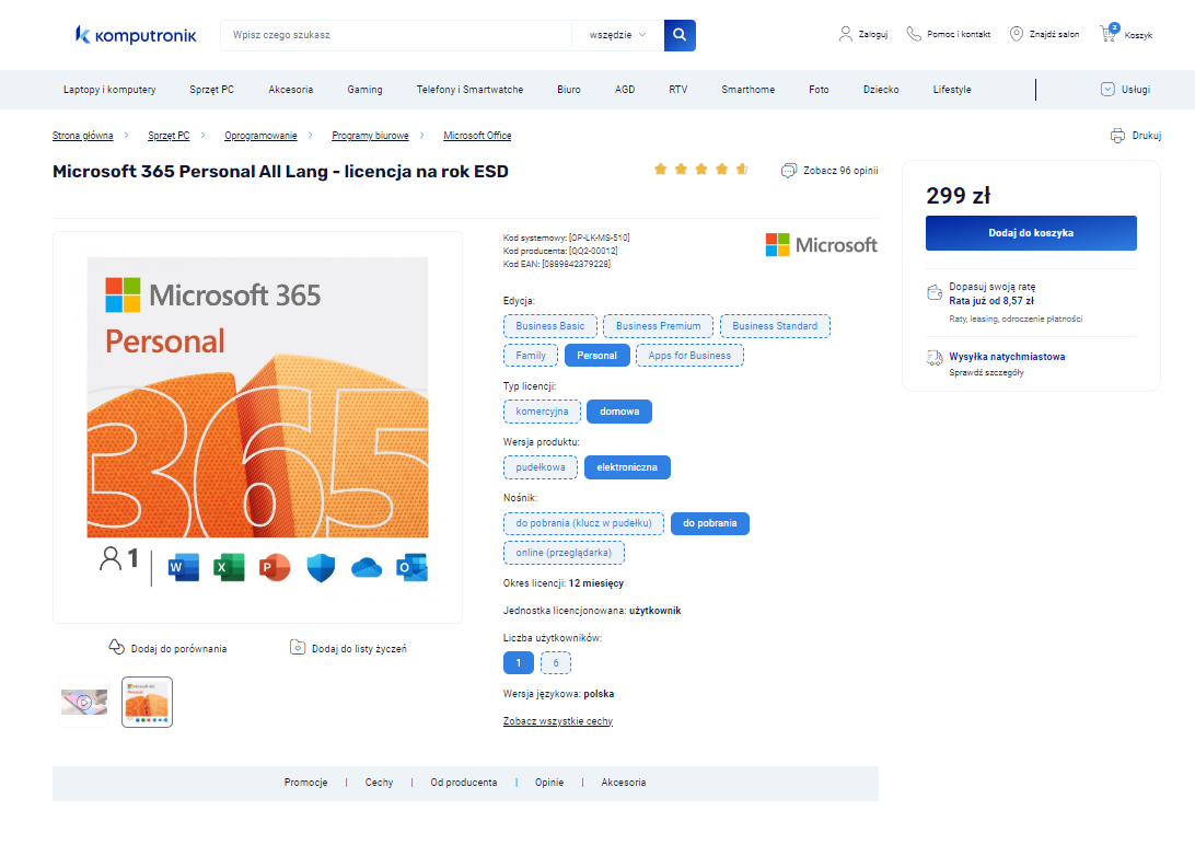 Microsoft 365 Personal All Lang - licencja na rok ESD, 299 zł, strona produktu na Komputronik.