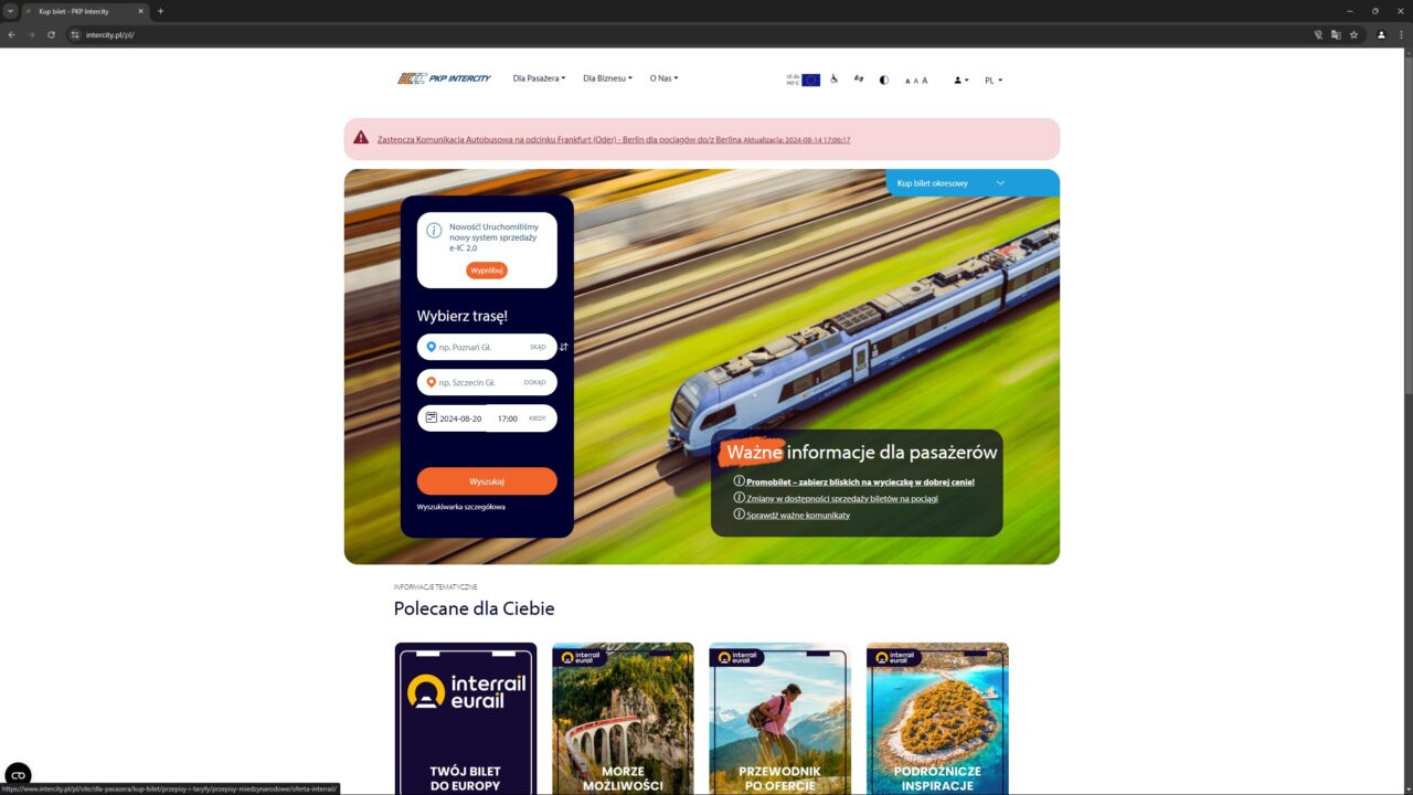 Strona internetowa PKP Intercity z informacjami i opcjami zakupu biletów. Formularz wyboru trasy oraz zdjęcie pociągu w ruchu.