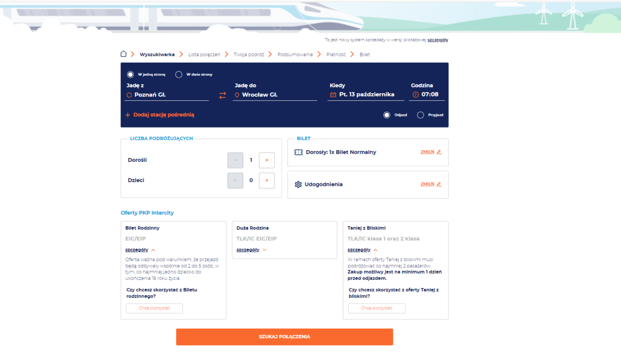 Strona internetowa z formularzem do wyszukiwania połączeń PKP Intercity. Wybrane miasto początkowe to Poznań, miasto docelowe to Wrocław, data podróży to 13 października, godzina 07:08. Widoczne sekcje to liczba podróżujących, bilety i oferty PKP Intercity.