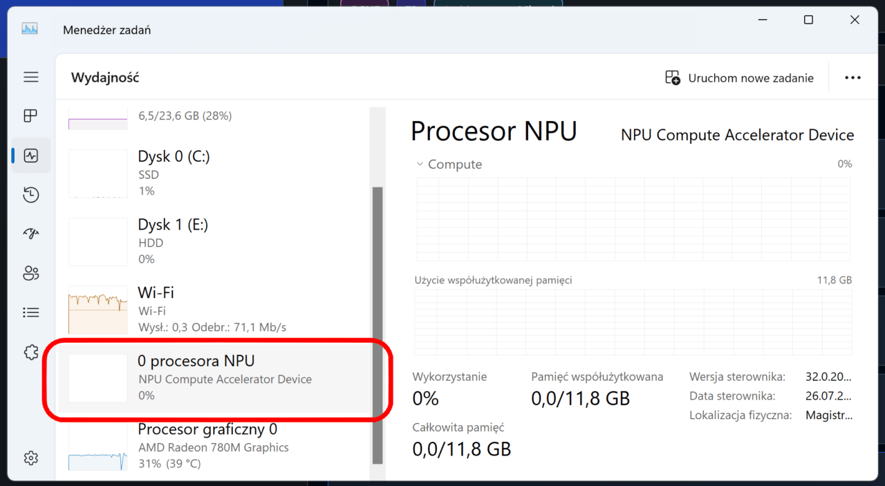 Menedżer zadań systemu Windows pokazujący użycie procesora NPU na karcie Wydajność.