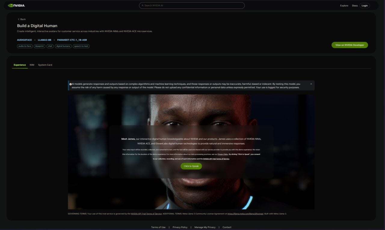 Interfejs użytkownika na stronie NVIDIA do tworzenia cyfrowych ludzi z komunikatem informacyjnym na ekranie.