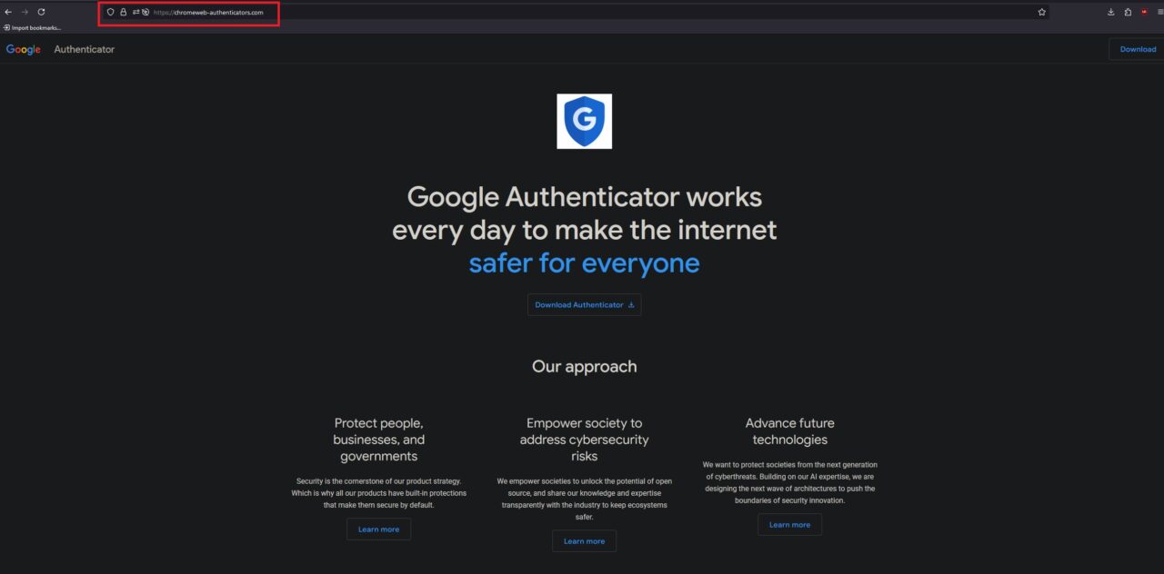 Interfejs witryny internetowej Google Authenticator, w pasku adresu zaznaczona domena chromeweb-authenticators.com.