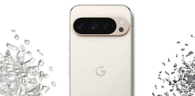 Tył smartfona Google Pixel w kolorze beżowym z trzema aparatami i logo G.