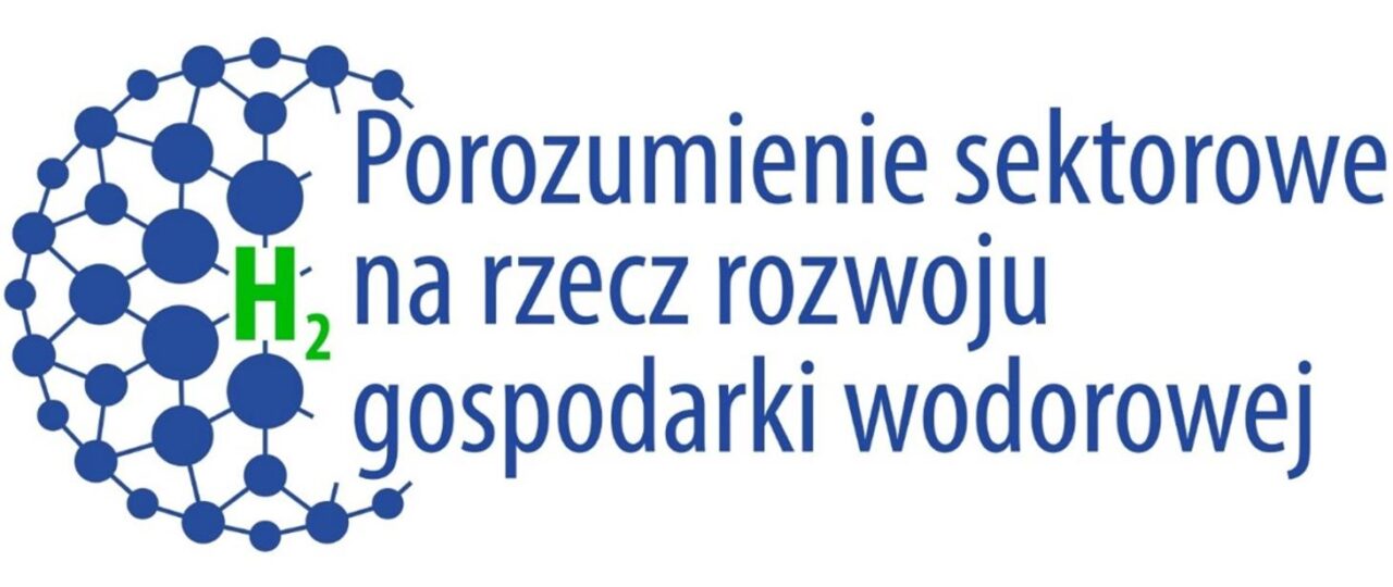 Logo z napisem "Porozumienie sektorowe na rzecz rozwoju gospodarki wodorowej" obok grafiki przedstawiającej sieć kulistych cząsteczek.