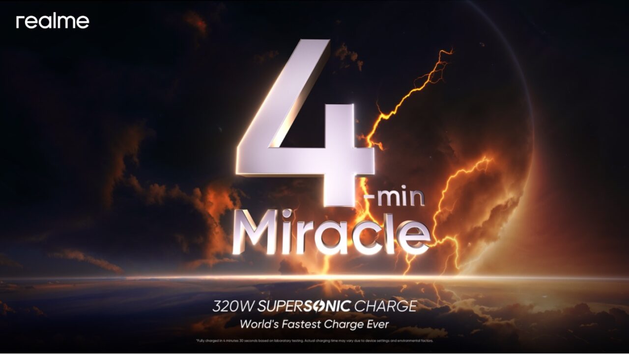 realme 4-min Miracle, 320W Supersonic Charge, World's Fastest Charge Ever.