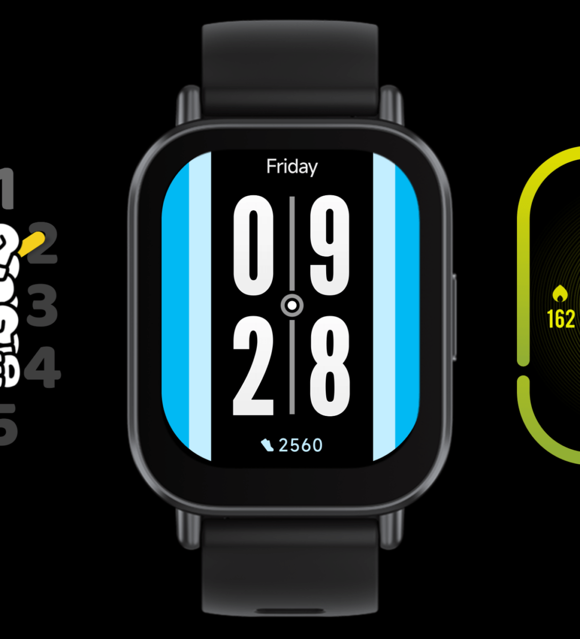 Smartwatch z czarnym paskiem, wyświetlający datę i godzinę (9:28) oraz liczbę 2560 kroków. Po lewej stronie ilustracja szkicu liczb 1-5, po prawej wykres spalonych kalorii (162).