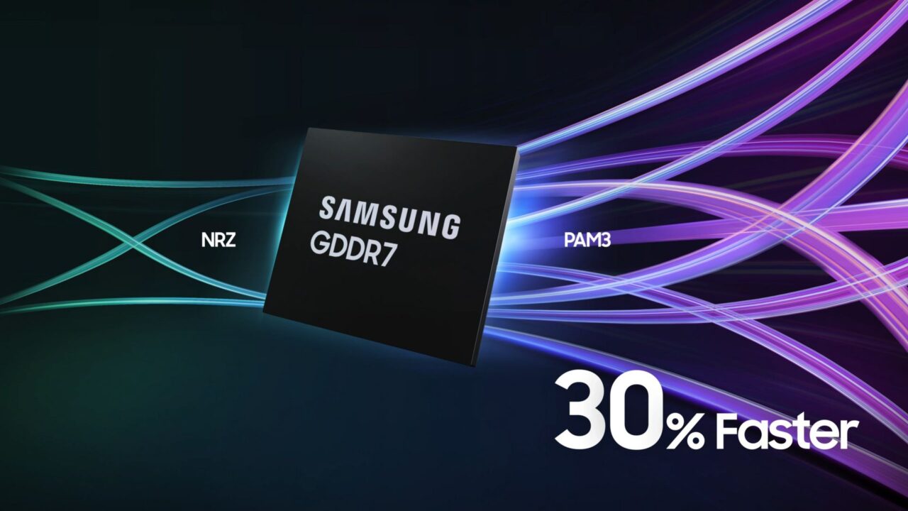 Układ scalony Samsung GDDR7 z napisami NRZ, PAM3 i 30% Faster oraz kolorowymi liniami tła.