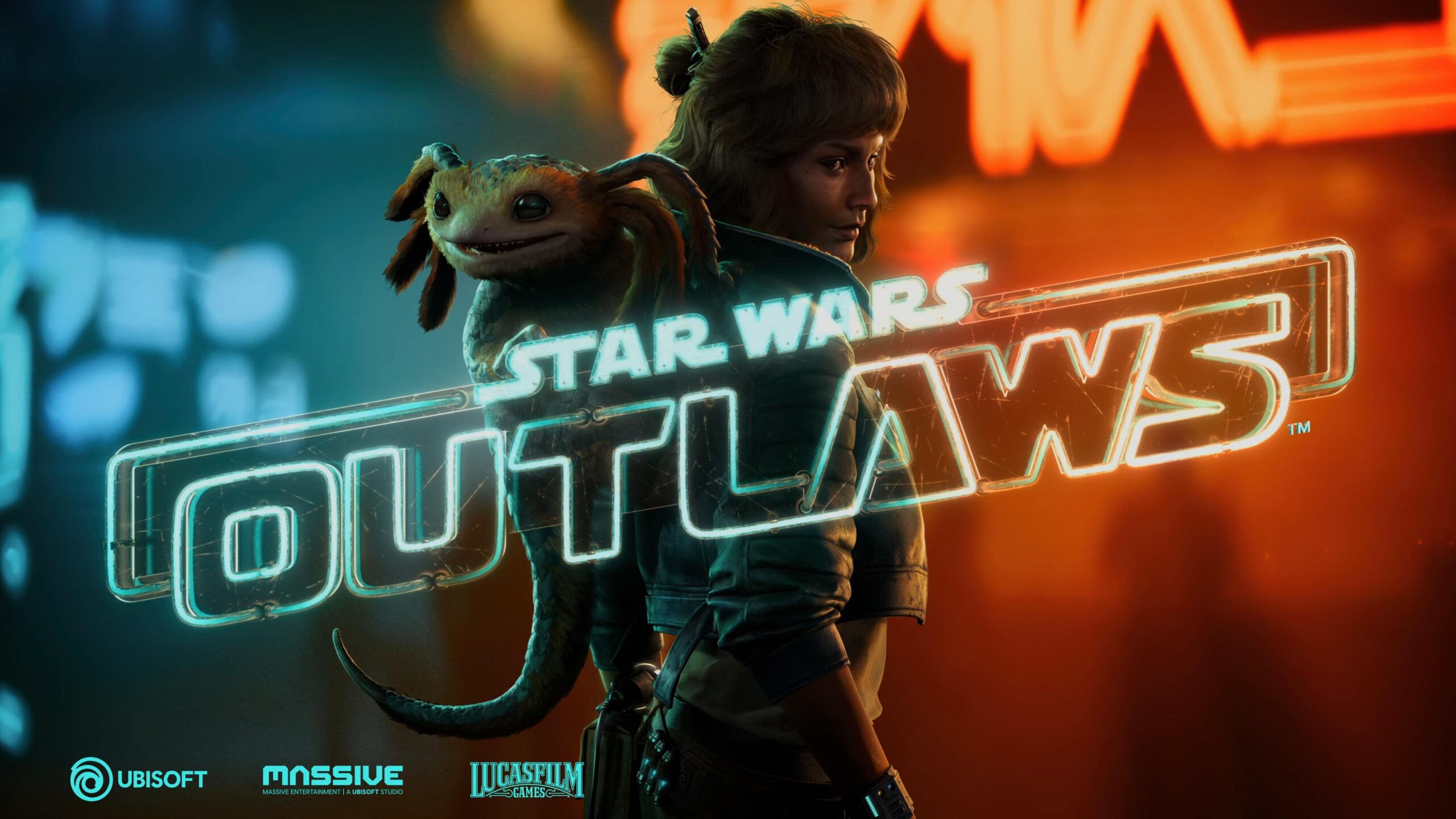 Postać z futrzanym stworzeniem na ramieniu, napis "Star Wars Outlaws", logotypy Ubisoft, Massive Entertainment i Lucasfilm Games.