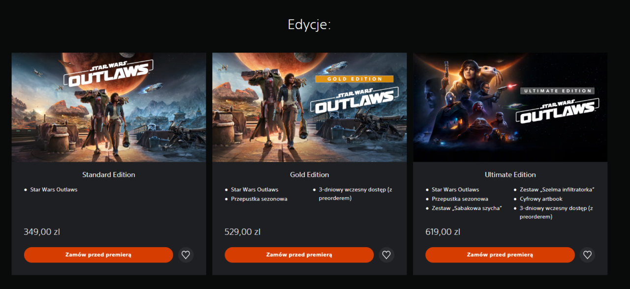 Edycje Star Wars Outlaws: Standard Edition za 349 zł, Gold Edition za 529 zł, Ultimate Edition za 619 zł