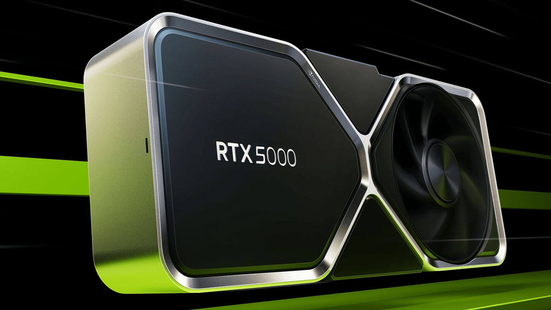 Karta graficzna NVIDIA RTX 5000 na tle zielonych linii.