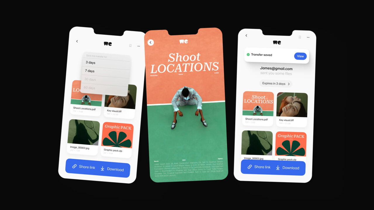 Trzy ekrany aplikacji mobilnej wetransfer z plikami do pobrania i udostępniania. Centralny ekran przedstawia plakat "Shoot LOCATIONS" z osobą w pozycji przykucniętej, pozostałe dwa ekrany pokazują listę plików i opcje udostępniania.