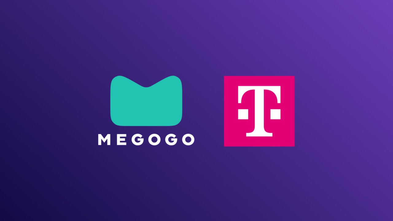 Logotypy MEGOGO i T-Mobile na fioletowym tle.