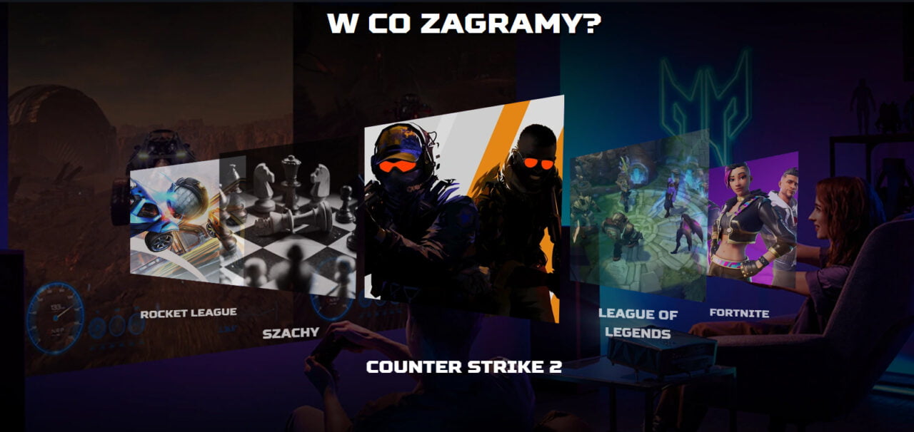 Ilustracja przedstawiająca gracza z padem, z gry komputerowe jak Rocket League, Szachy, Counter Strike 2, League of Legends, Fortnite, z napisem "W co zagramy?".