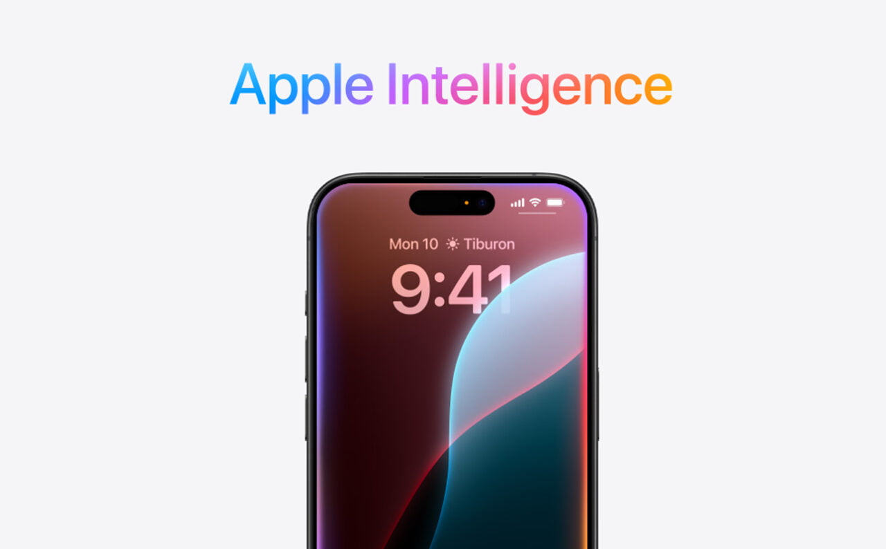 Telefon iPhone z wyświetlaczem pokazującym godzinę 9:41, datę 10 Mon i miejsce Tiburon, z napisem „Apple Intelligence” nad nim.