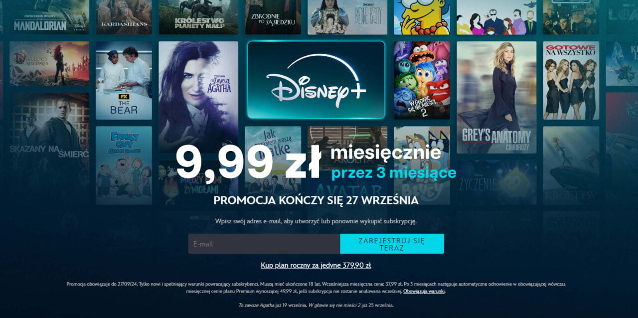 Promocja Disney+ za 9,99 zł miesięcznie przez 3 miesiące, zakończenie 27 września.