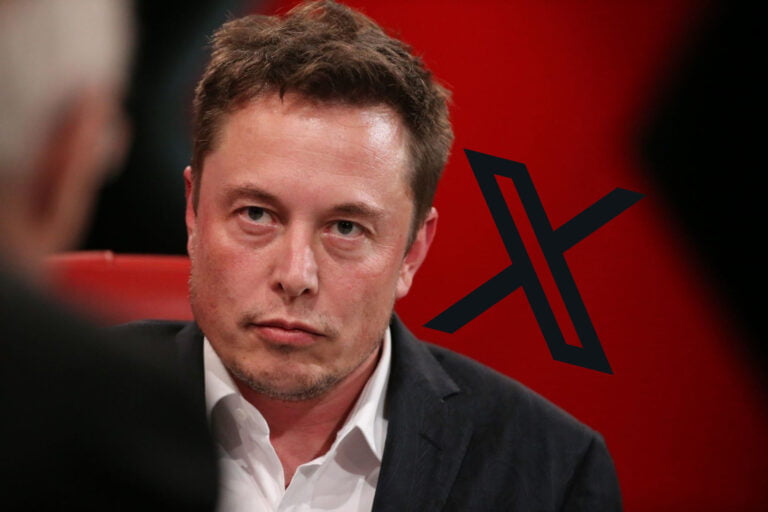 Elon Musk na czerwonym tle z logo platformy X