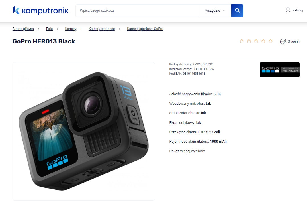 GoPro HERO13 Black - zdjęcie kamery sportowej z ekranem dotykowym, specyfikacją i logo Komputronik.