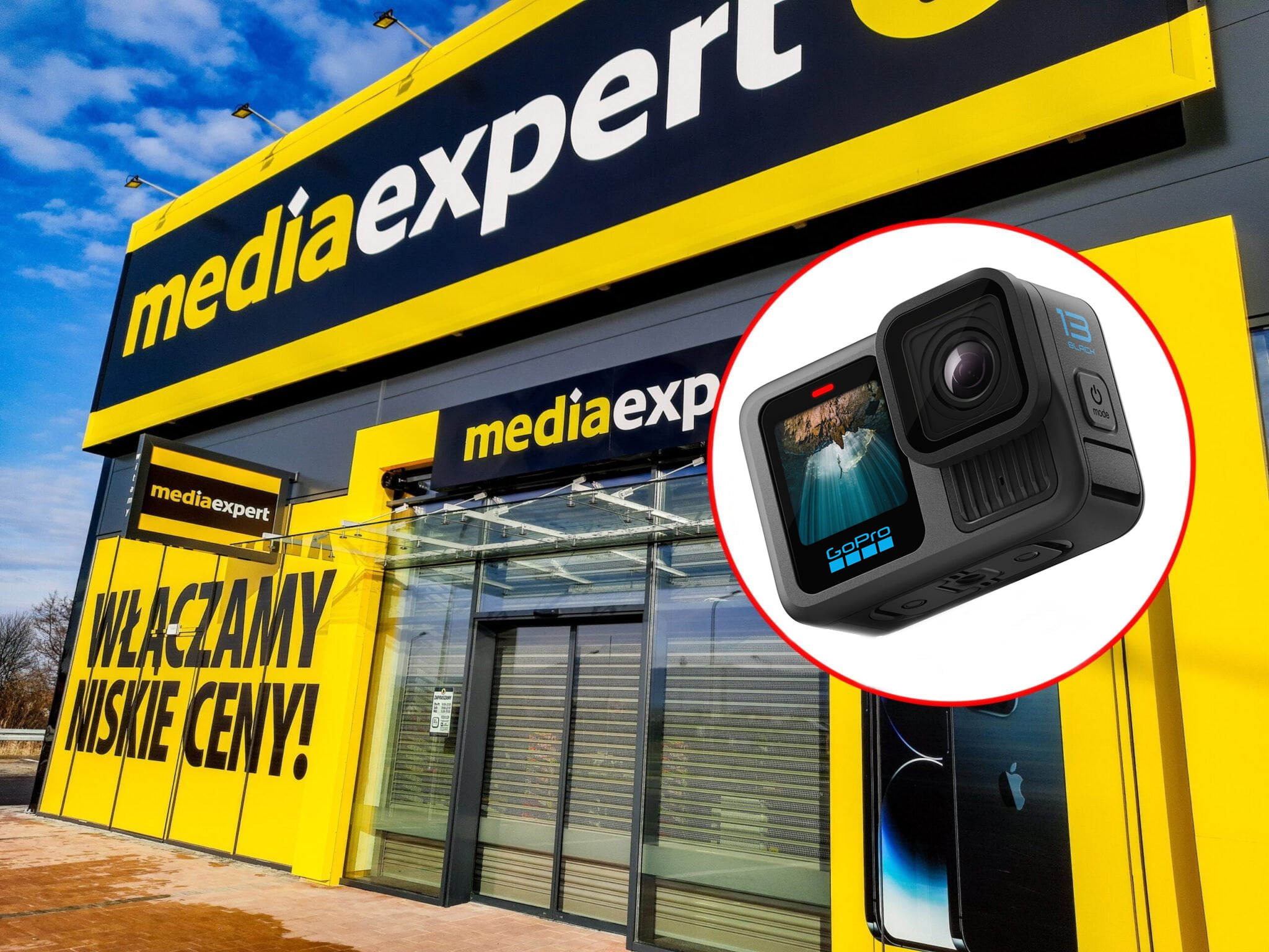 Sklep Media Expert z kamerą GoPro Hero 9 Black na pierwszym planie.