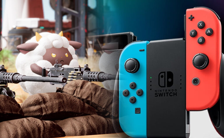 Kontrolery Nintendo Switch i postać przypominająca owcę z rogami za stanowiskiem karabinu maszynowego.