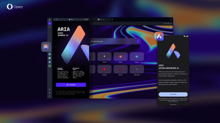 Zrzut ekranu przeglądarki Opera z funkcją ARIA Browser AI, przedstawiający komputerowy i mobilny interfejs użytkownika na tle kolorowych, abstrakcyjnych wzorów.