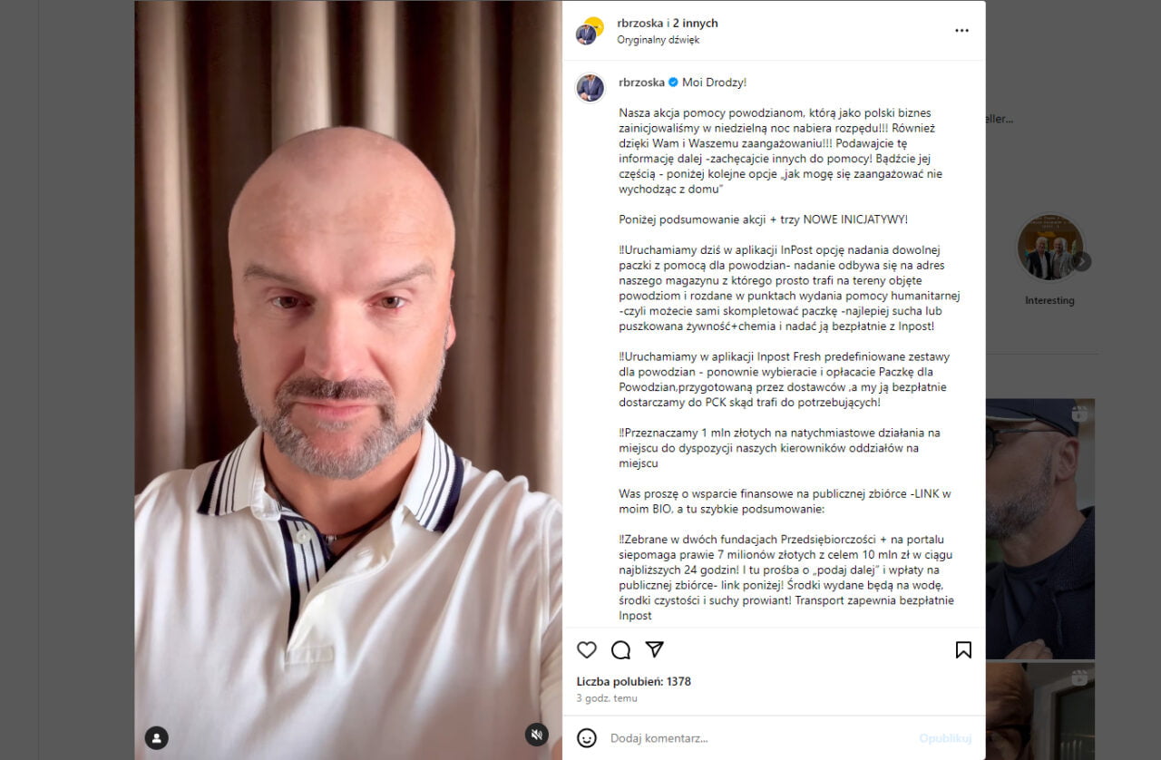 Rafał Brzoska z InPost w białej koszuli z szarym tłem, na Instagramie, w poście dotyczącym akcji pomocy powodzianom, z długim opisem w języku polskim zawierającym informacje o inicjatywach pomocowych.