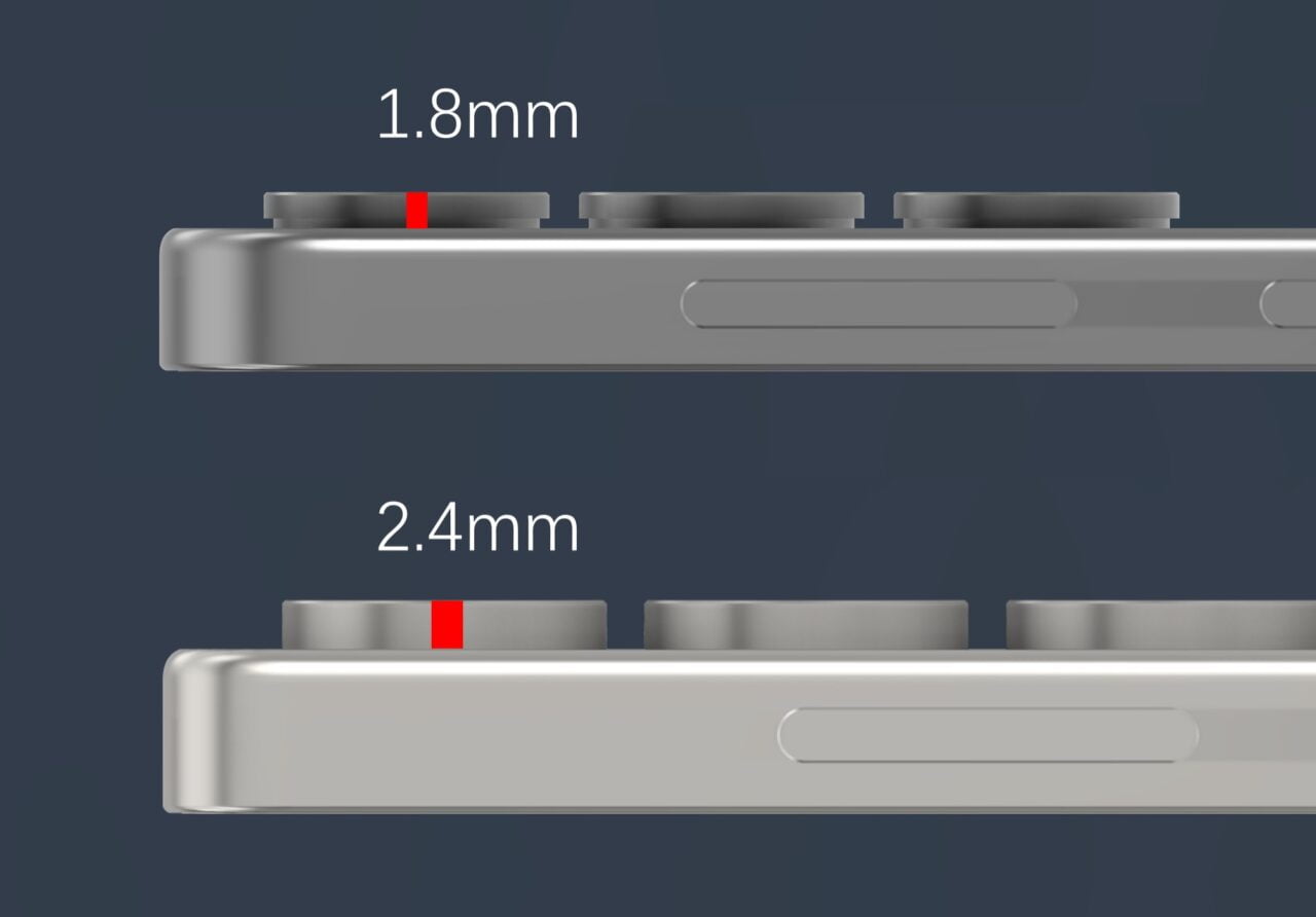 Porównanie grubości modułów aparatu smartfona: 1,8 mm (górny) i 2,4 mm (dolny).