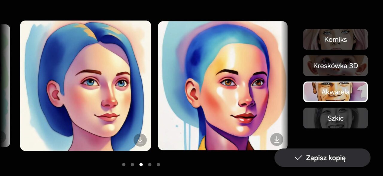 Test AI w Samsung One UI 6.1.1. Dwa portrety w stylu akwareli obok siebie, ukazujące postacie z niebieskimi włosami.