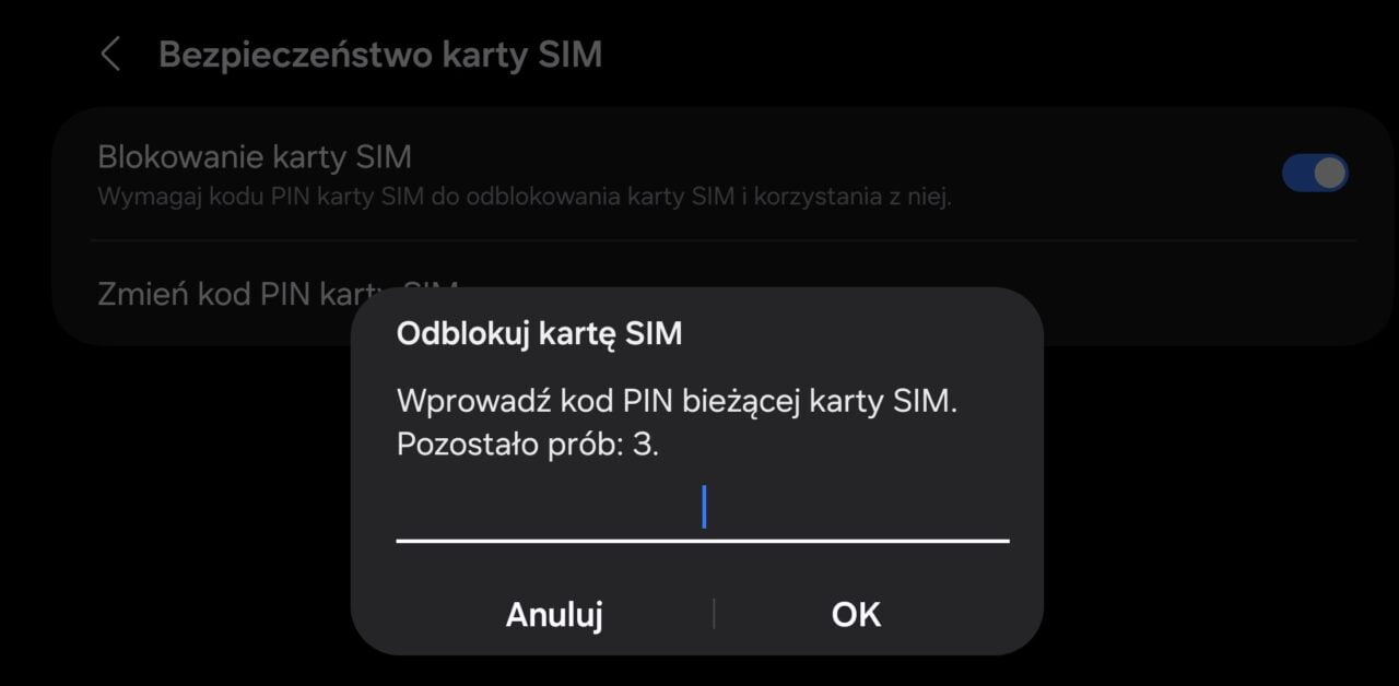 Odblokuj kartę SIM. Wprowadź kod PIN bieżącej karty SIM. Pozostało prób: 3. Anuluj OK.