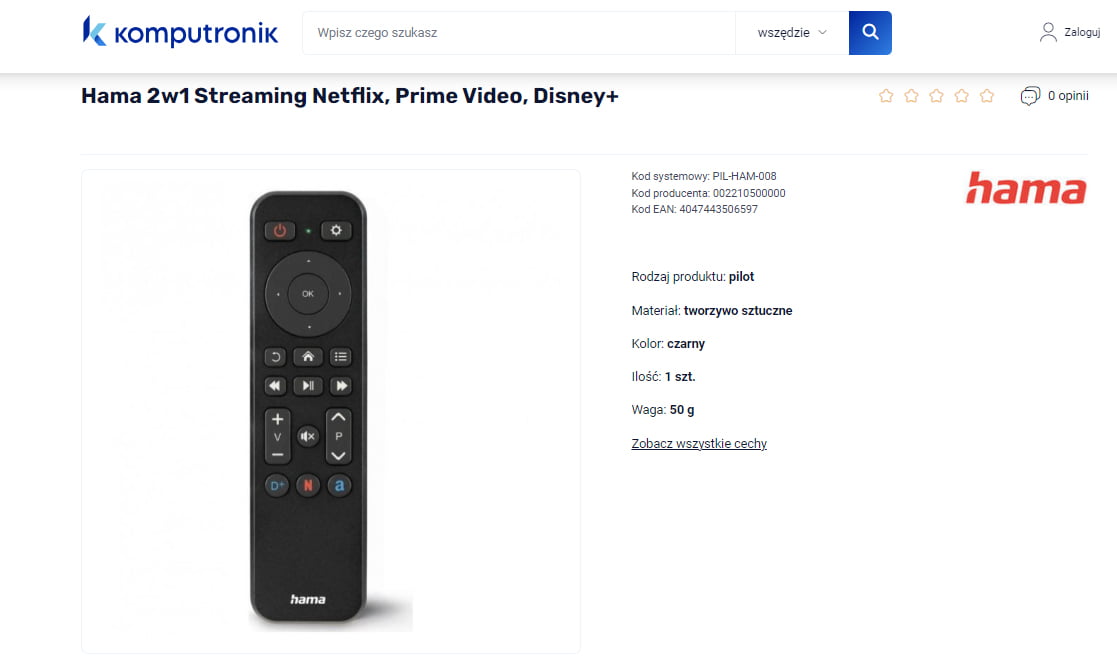 Czarny tani pilot Hama 2w1 na stronie Komputronika, z przyciskami do Netflix, Prime Video, Disney+, oraz dodatkowymi szczegółami technicznymi.