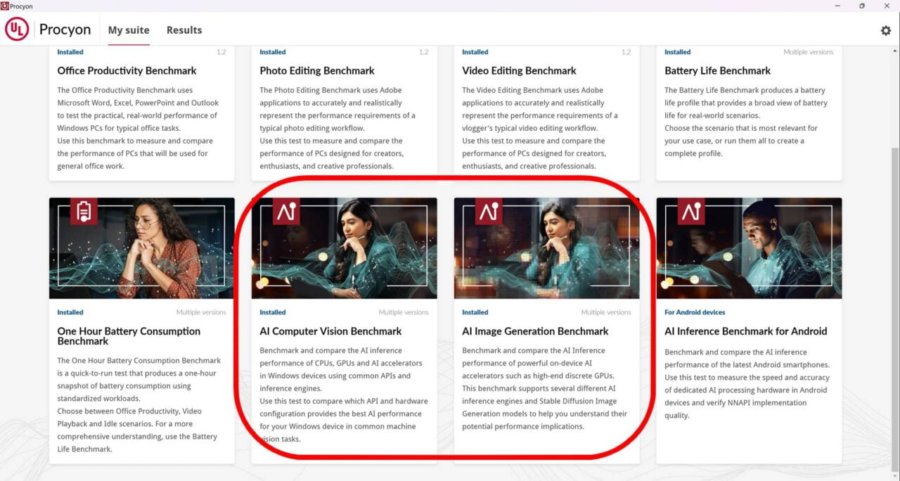 Strona internetowa z różnymi benchmarkami do testowania komputerów AI, w tym Office Productivity Benchmark, Photo Editing Benchmark, Video Editing Benchmark, One Hour Battery Consumption Benchmark, AI Computer Vision Benchmark, AI Image Generation Benchmark i AI Inference Benchmark for Android.