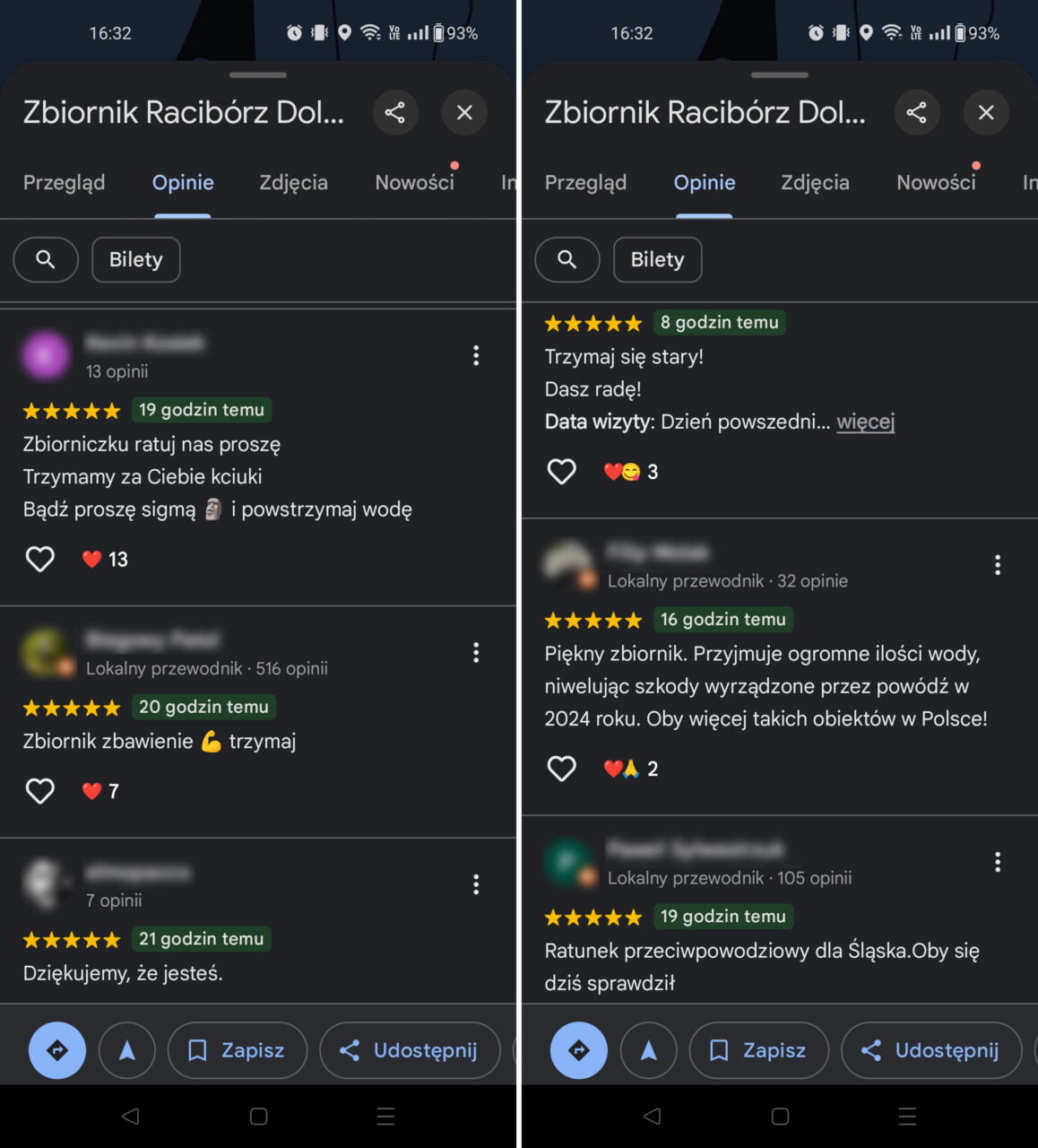 Zrzut ekranu z opiniami użytkowników dotyczącymi Zbiornika Racibórz Dol. na Google Maps.