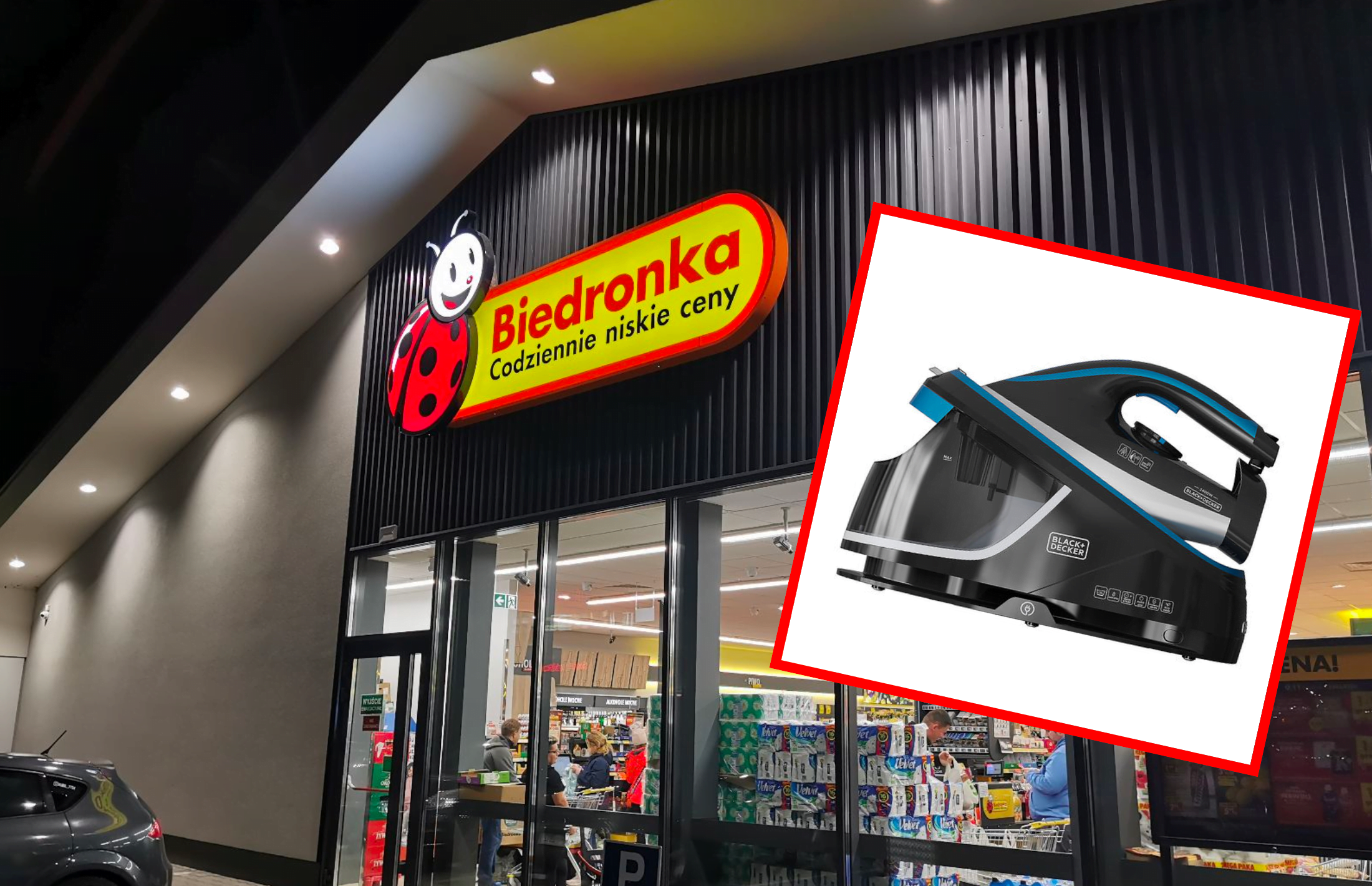 Sklep Biedronka z wywieszką „Codziennie niskie ceny” i zdjęciem odkurzacza BLACK+DECKER.