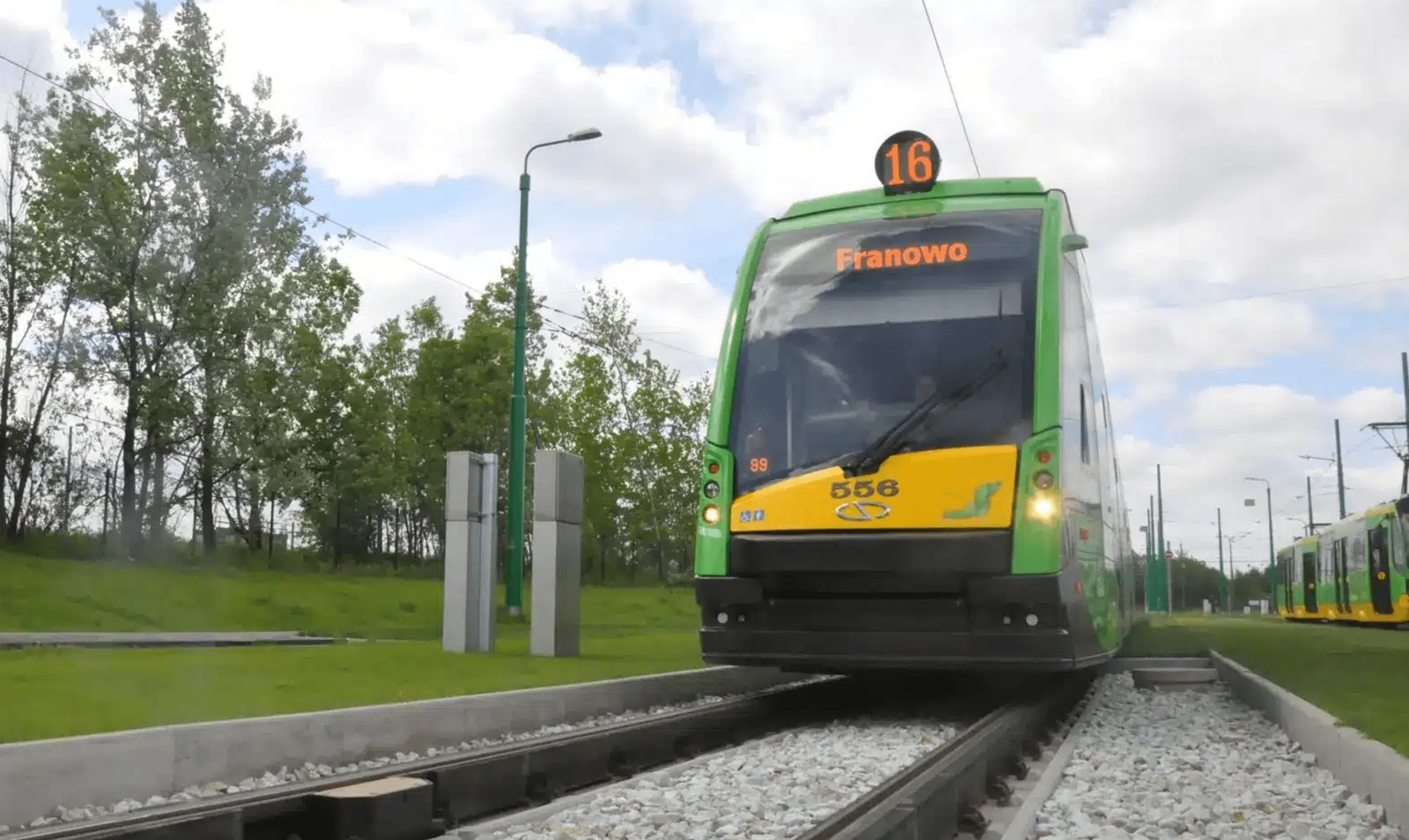 Zielono-żółty tramwaj linii 16 o numerze 556, jadący do Franowa na torach otoczonych trawą i drzewami.