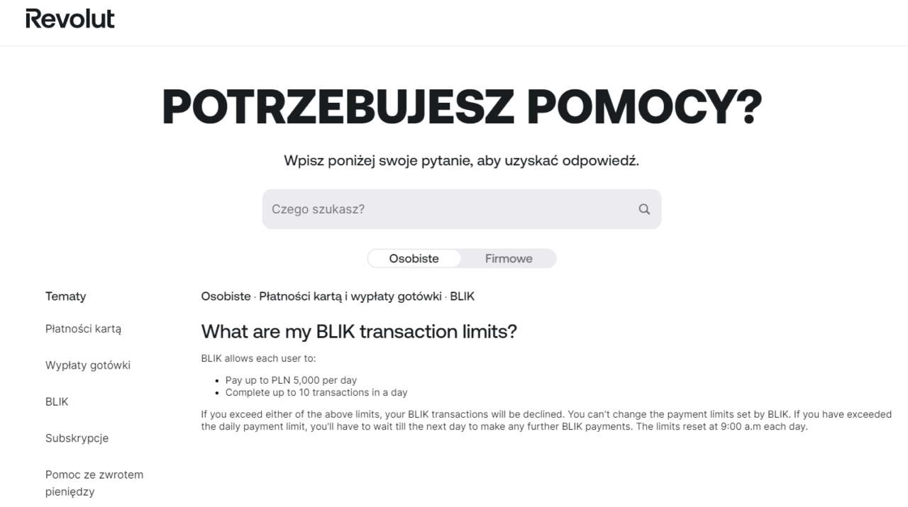 Strona Revolut z pytaniem dotyczącym limitów transakcji BLIK