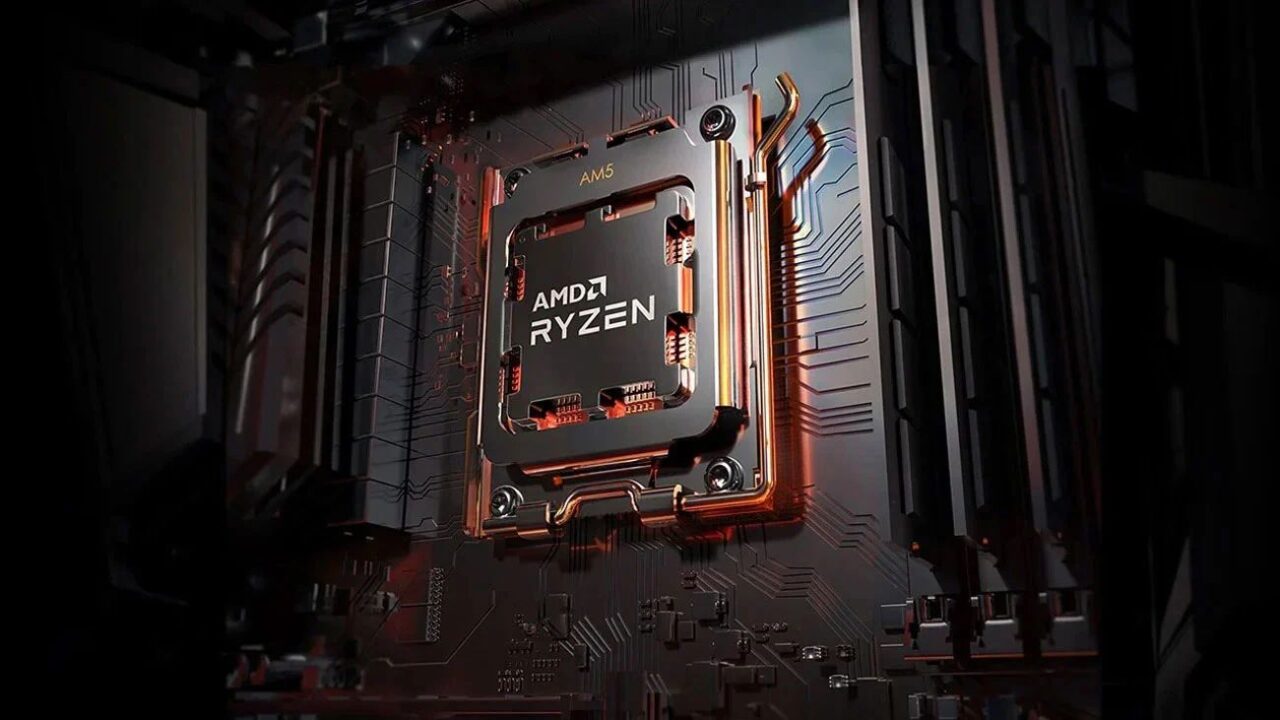 Procesor AMD Ryzen w gnieździe AM5 na płycie głównej.