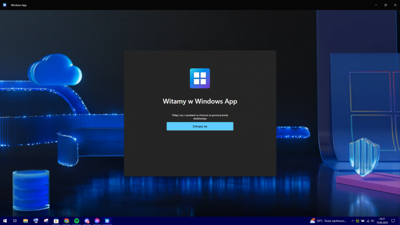Okno logowania do aplikacji Windows na tle niebieskich elementów dekoracyjnych oraz ikona chmury.