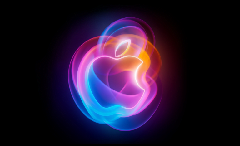 Kolorowe logo Apple oświetlone neonowymi efektami na czarnym tle. Na tej prezentacji zostanie pokazany iPhone 16.