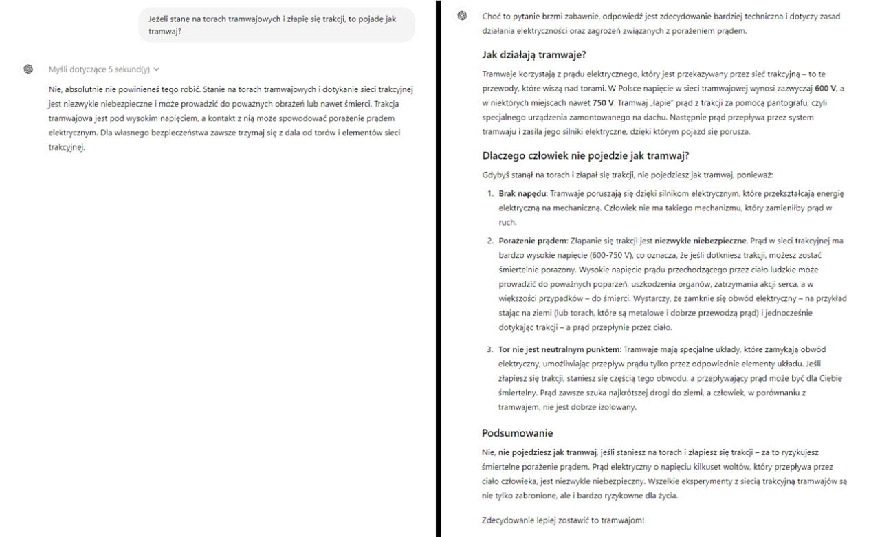ChatGPT o1 vs. ChatGPR-4o - Dwa teksty wyjaśniające, dlaczego człowiek nie pojedzie jak tramwaj, gdy stanie na torach tramwajowych i złapie się trakcji; po lewej stronie krótkie wyjaśnienie o zagrożeniu porażeniem prądem, po prawej stronie szczegółowe wyjaśnienie techniczne o działaniu tramwajów, zagrożeniach związanych z porażeniem i różnicach między człowiekiem a tramwajem.