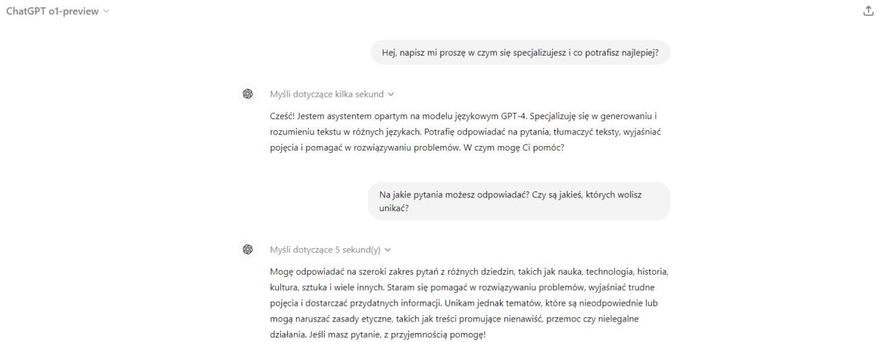 ChatGPT o1 preview rozmowa tekstowa w języku polskim na temat specjalizacji i zakresu pytań.