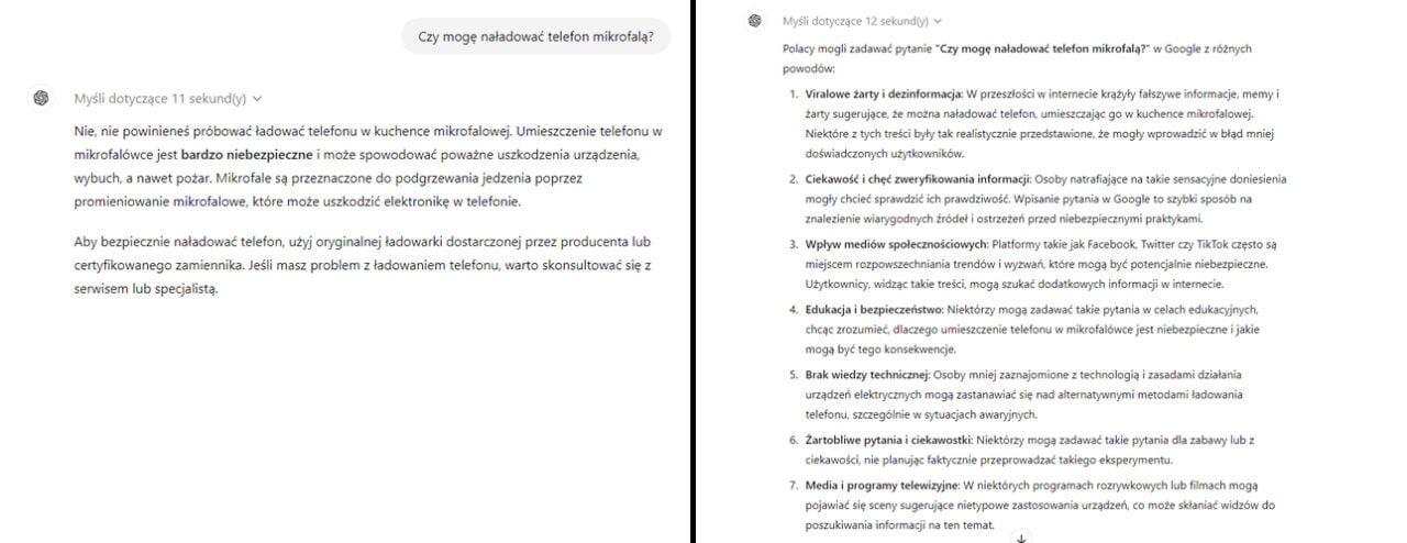 Dwa zrzuty ekranu przedstawiające odpowiedzi na pytanie "Czy mogę naładować telefon mikrofalą?" oraz wyjaśnienia, dlaczego ludzie mogą zadawać takie pytanie w Google.