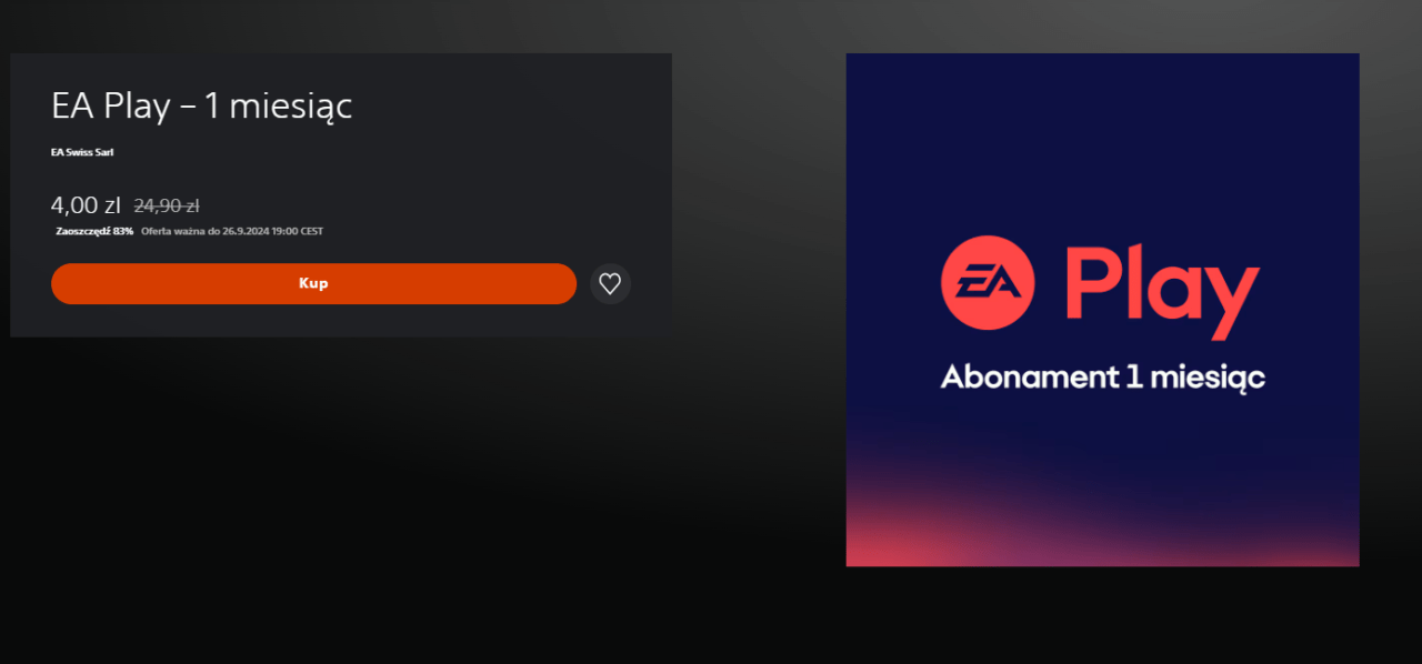 EA Play - 1 miesiąc, oferta za 4,00 zł przeceniona z 24,90 zł, ważna do 26.9.2024, przycisk 'Kup'. Obok logo EA Play z napisem "Abonament 1 miesiąc".