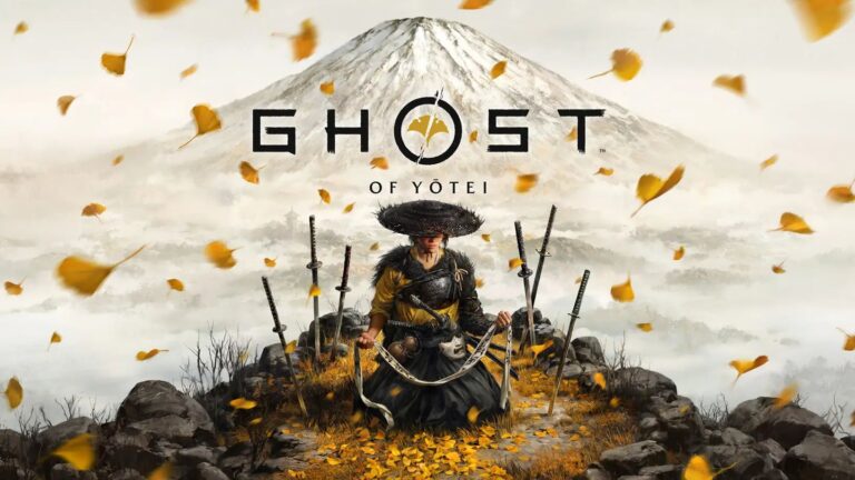 Plakat z napisem "Ghost of Yotei" przedstawiający samuraja siedzącego na tle góry, otoczonego żółtymi liśćmi oraz mieczami.