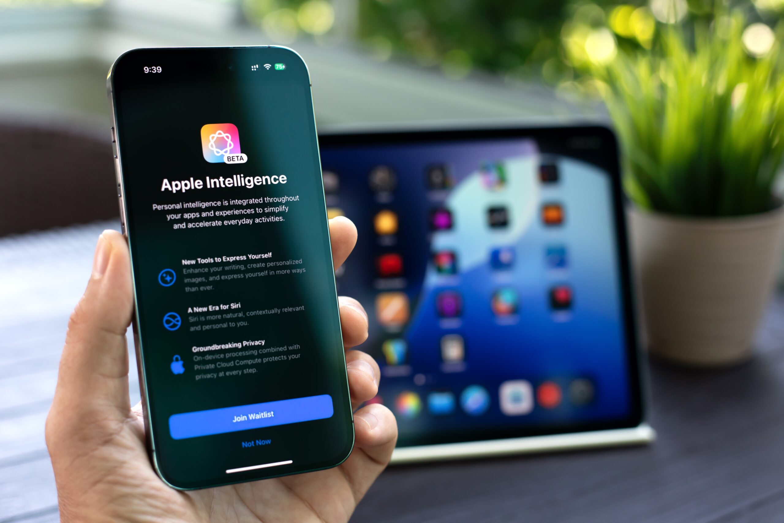 Osoba trzymająca iPhone'a z wyświetlonym ekranem aplikacji "Apple Intelligence" w trybie beta. W tle znajduje się iPad na stole obok rośliny doniczkowej. iOS 18 nie będzie jednak obowiążkowy.